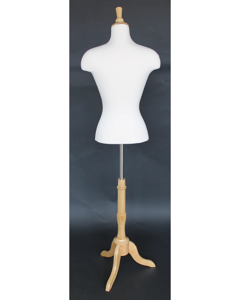 Size 4/6 female blouse form with extended shoulders and wooden tripod base in cream white jersey
