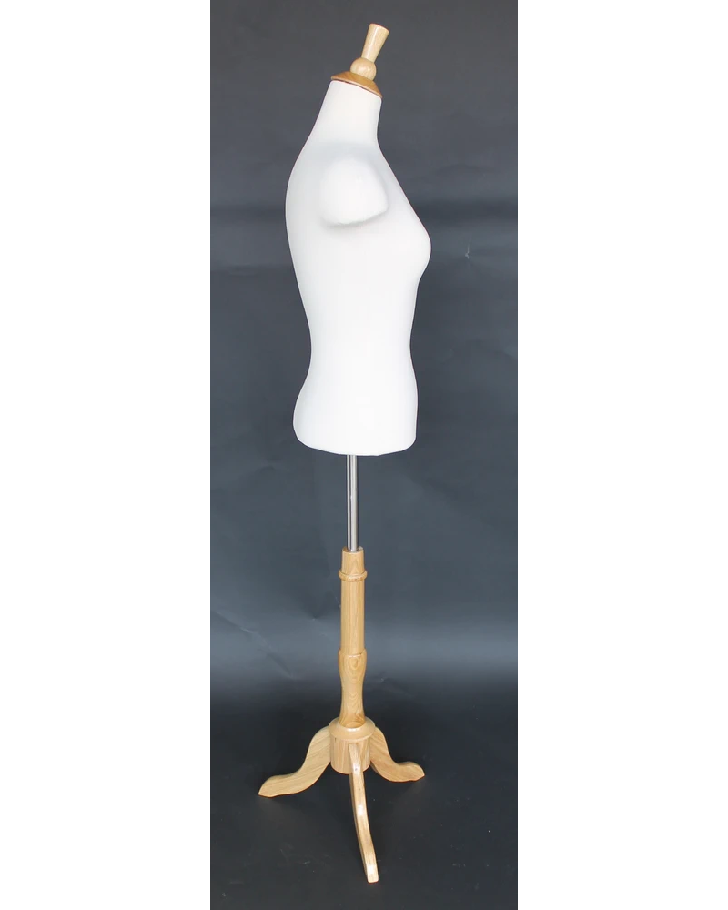 Size 4/6 female blouse form with extended shoulders and wooden tripod base in cream white jersey