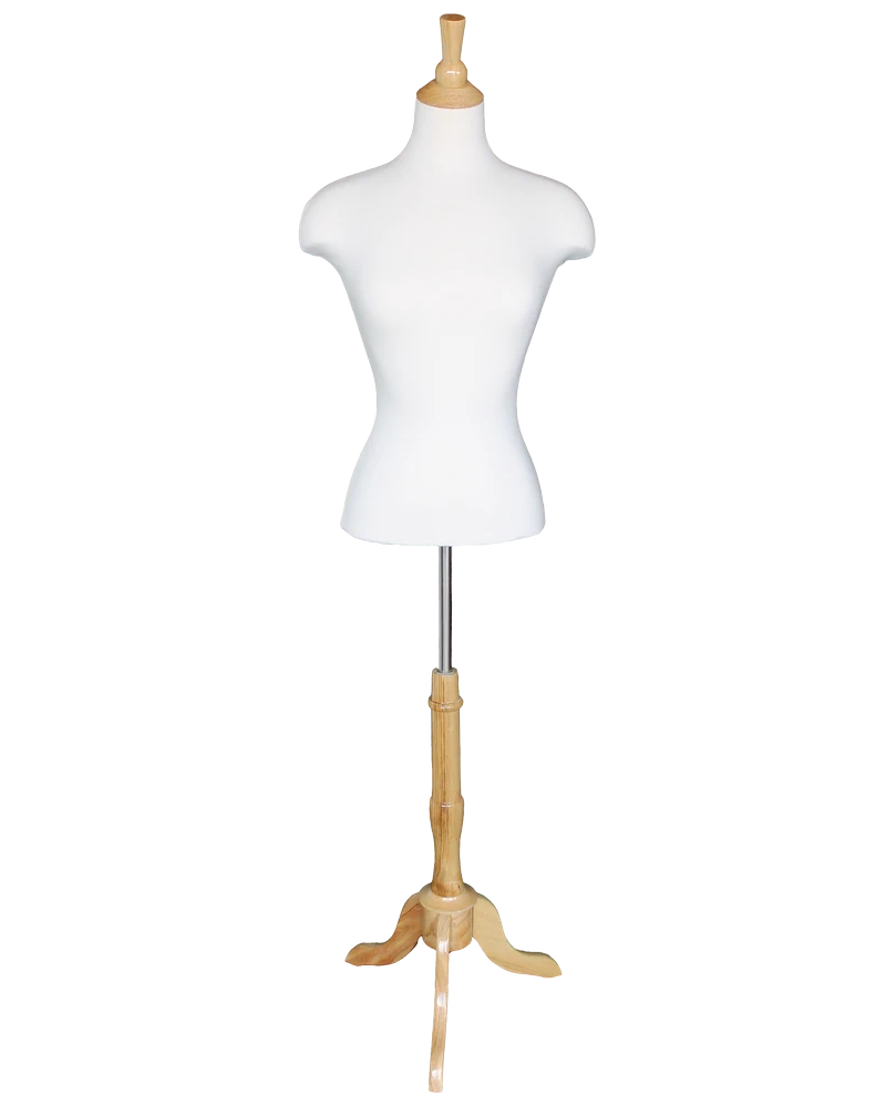Size 4/6 female blouse form with extended shoulders and wooden tripod base in cream white jersey