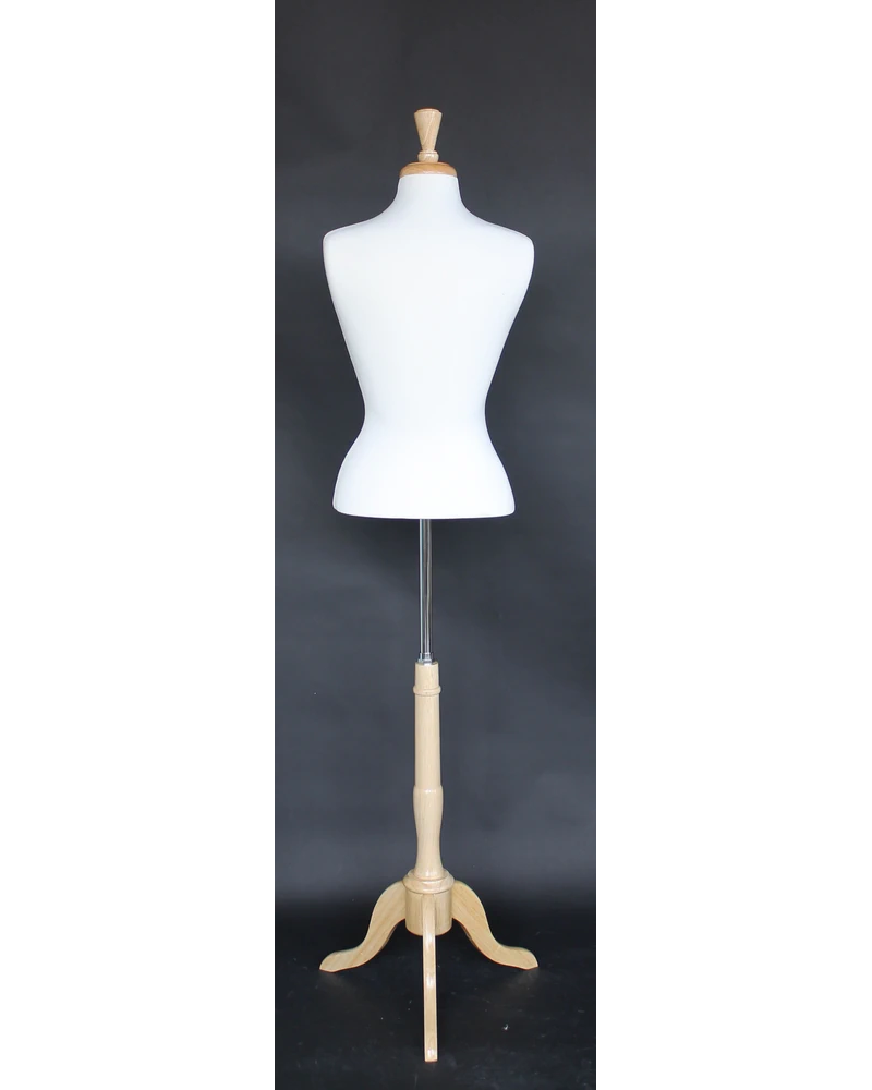 Size 6/8 female blouse form with French neck and wooden tripod base in cream white jersey