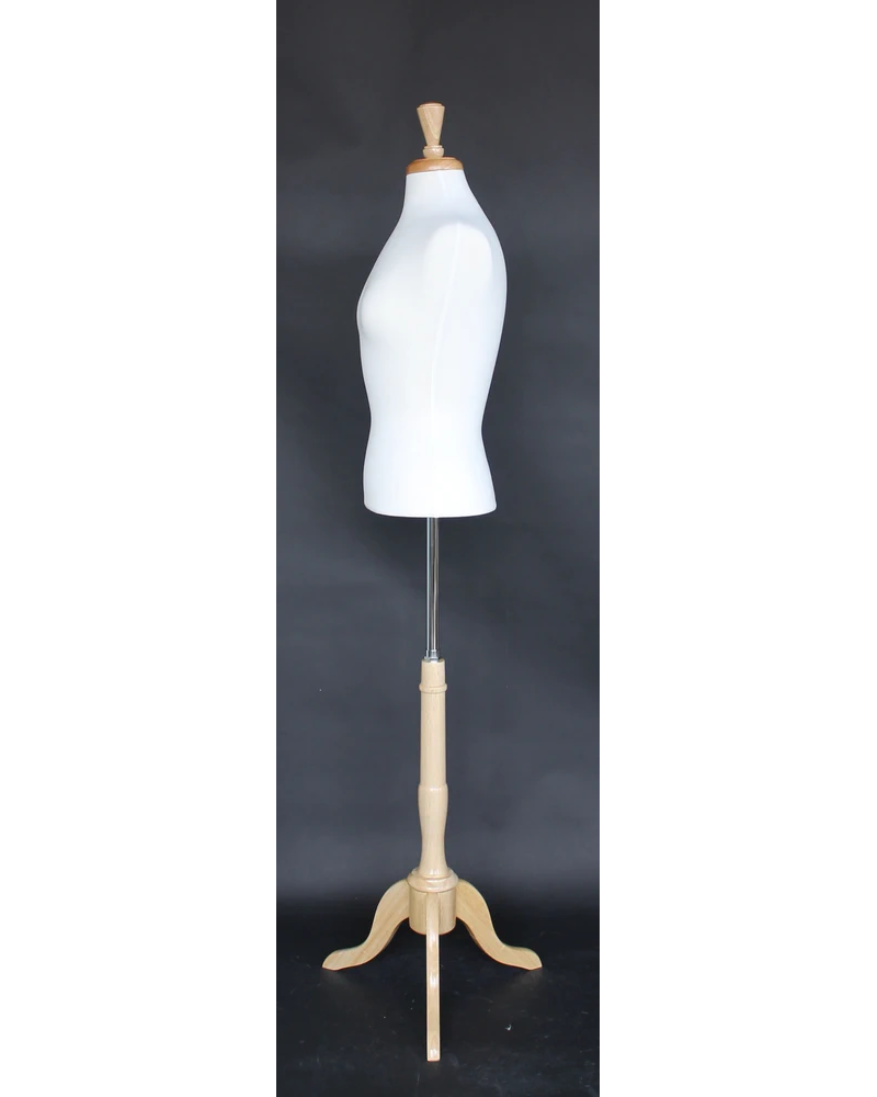 Size 6/8 female blouse form with French neck and wooden tripod base in cream white jersey