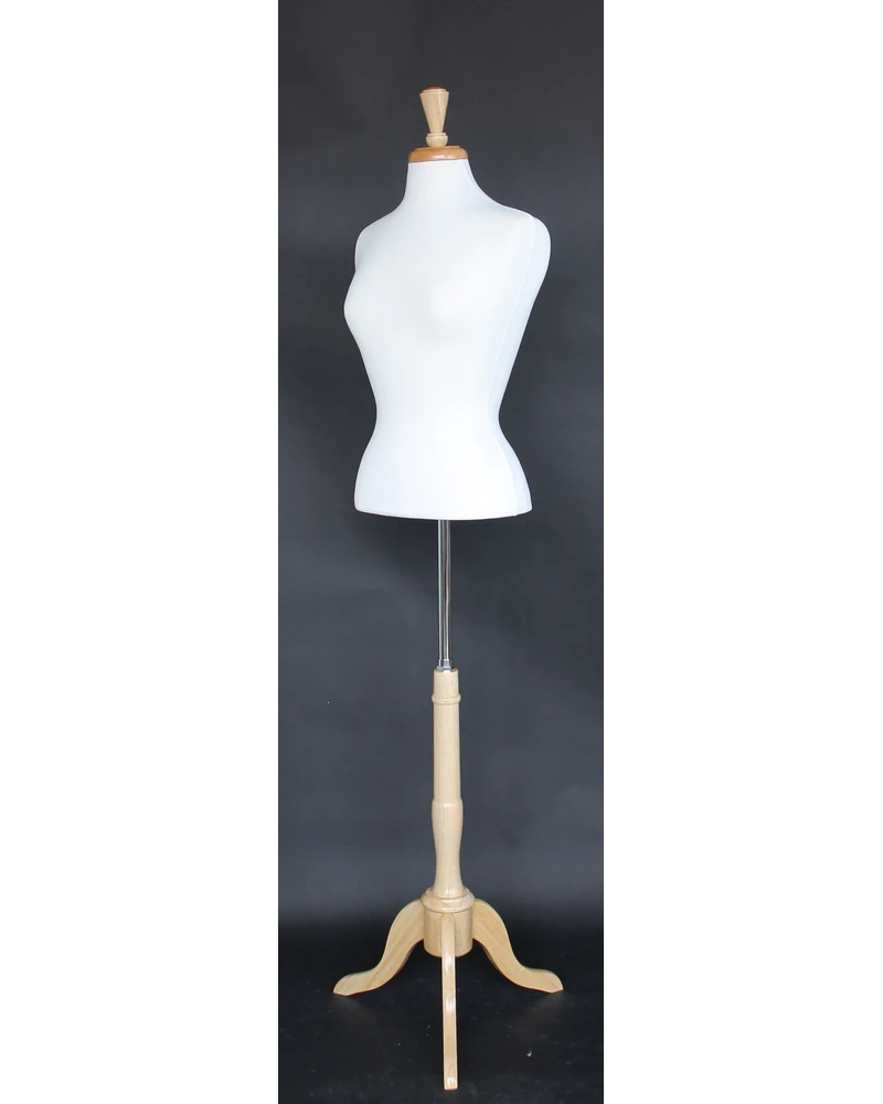 Size 6/8 female blouse form with French neck and wooden tripod base in cream white jersey