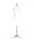 Size 6/8 female blouse form with French neck and wooden tripod base in cream white jersey