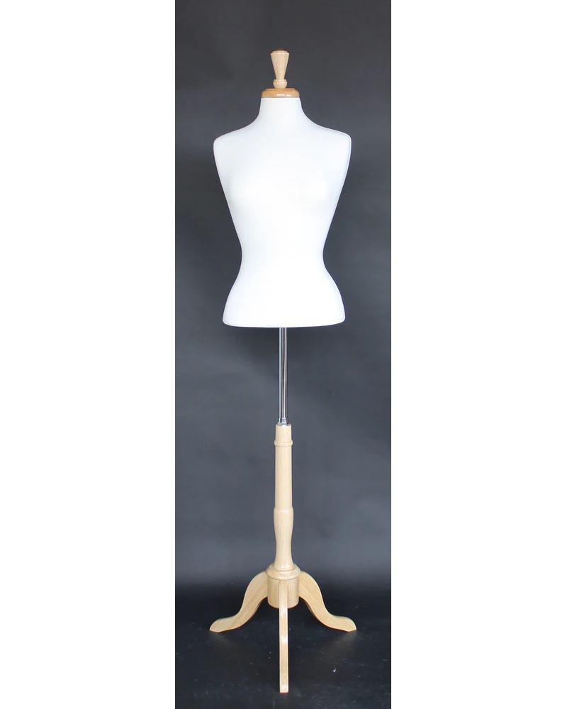 Size 6/8 female blouse form with French neck and wooden tripod base in cream white jersey