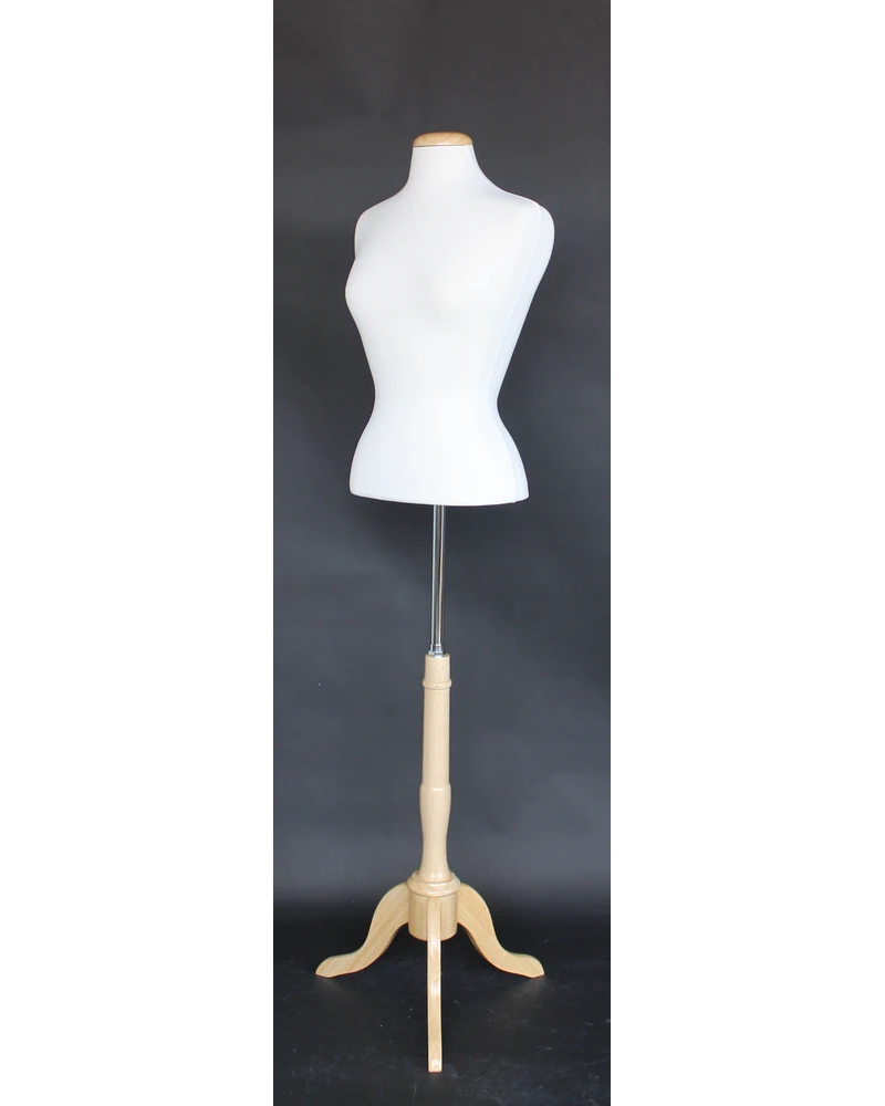 Size 6/8 female blouse form with flat neck and wooden tripod base in cream white jersey