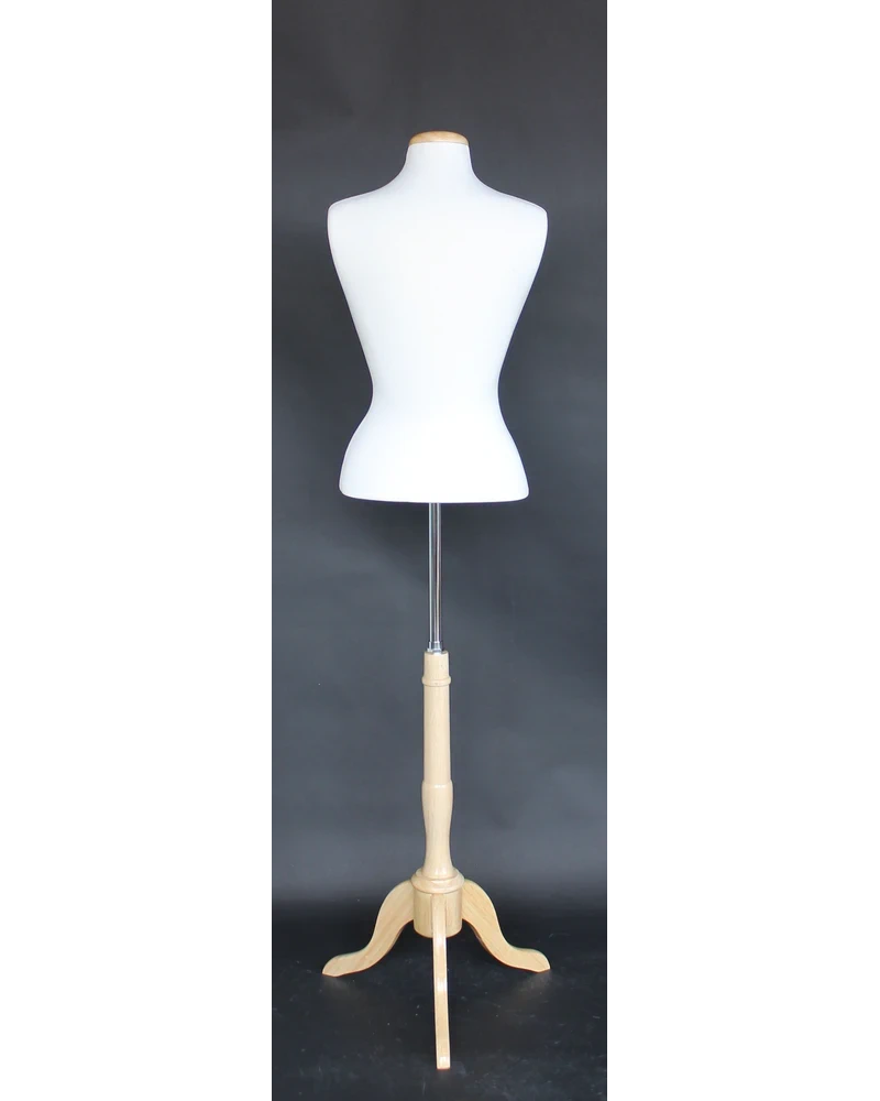 Size 6/8 female blouse form with flat neck and wooden tripod base in cream white jersey