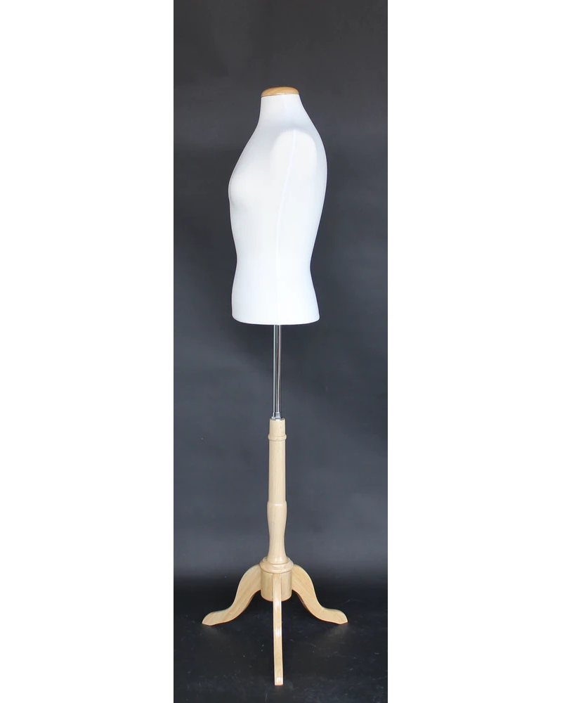 Size 6/8 female blouse form with flat neck and wooden tripod base in cream white jersey