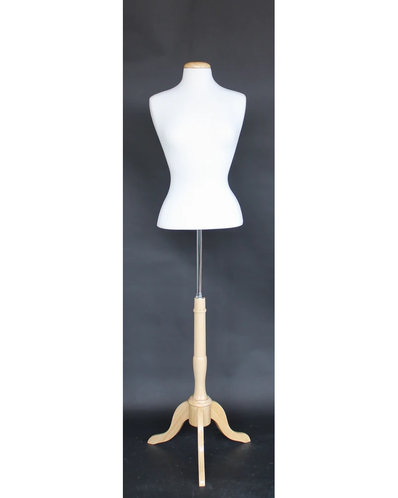 Size 6/8 female blouse form with flat neck and wooden tripod base in cream white jersey