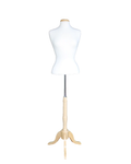Size 6/8 female blouse form with flat neck and wooden tripod base in cream white jersey