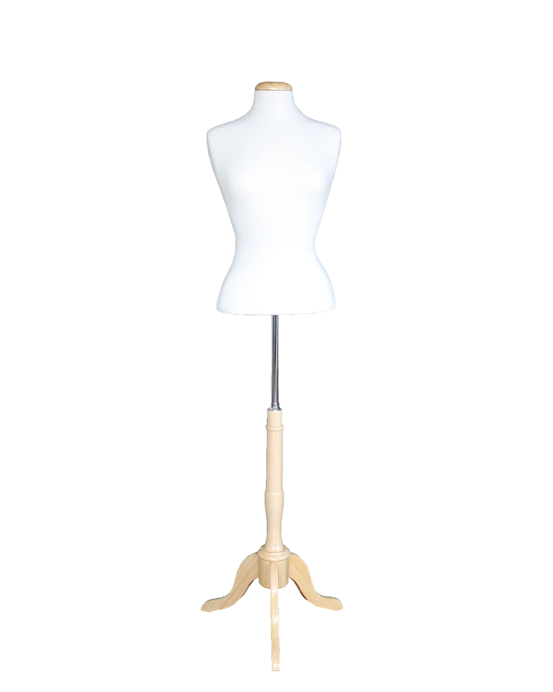 Size 6/8 female blouse form with flat neck and wooden tripod base in cream white jersey