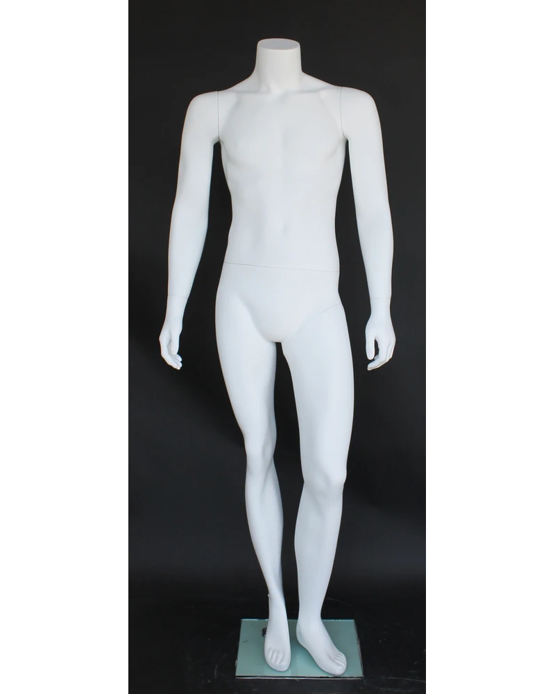 Knee-bent headless male mannequin in matte white, STM002-WT