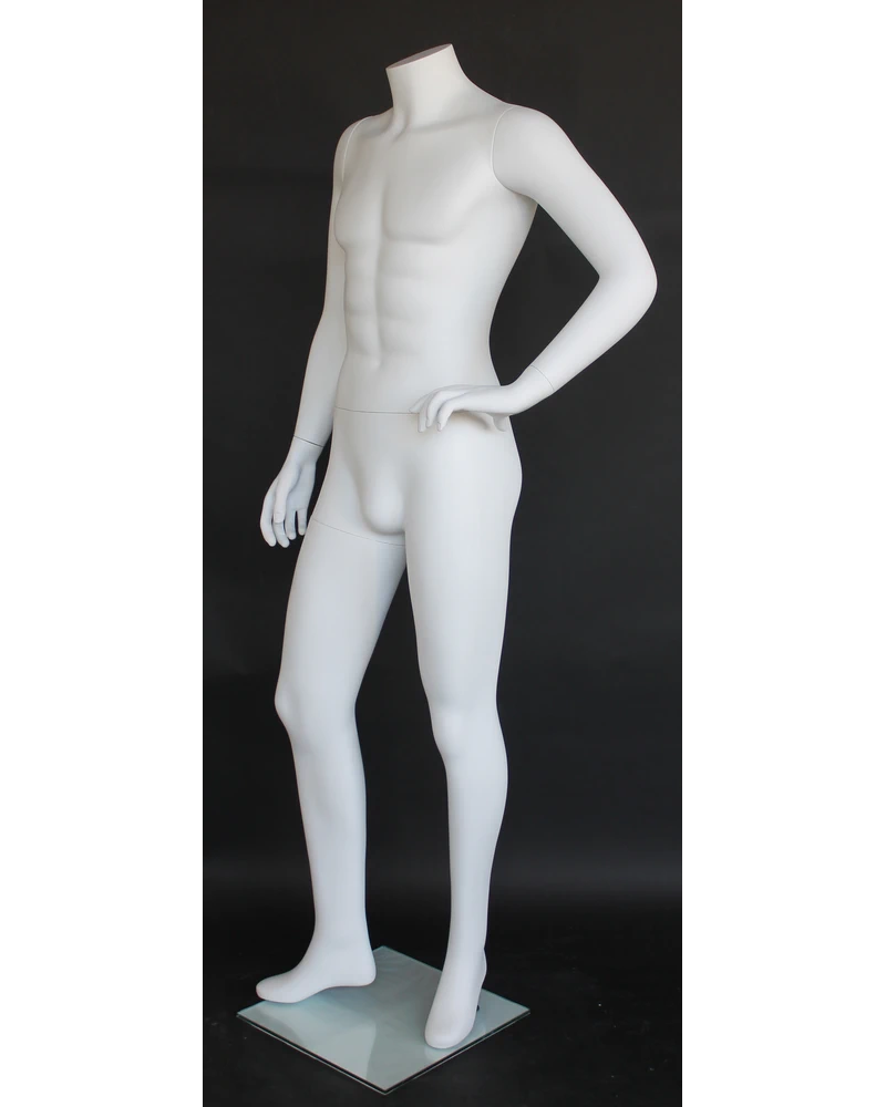 Left-hand-on-hip headless male mannequin in matte white, STM004-WT