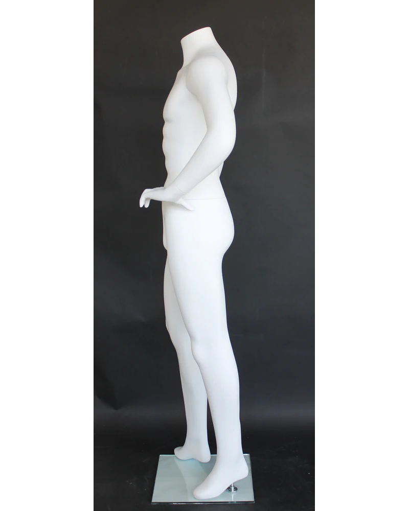 Left-hand-on-hip headless male mannequin in matte white, STM004-WT