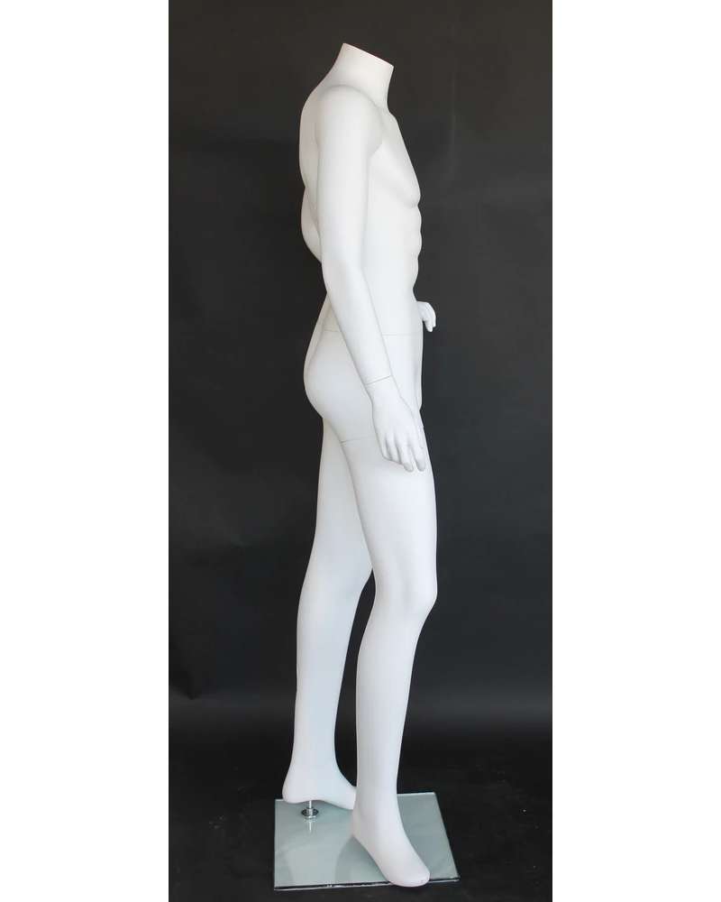 Left-hand-on-hip headless male mannequin in matte white, STM004-WT