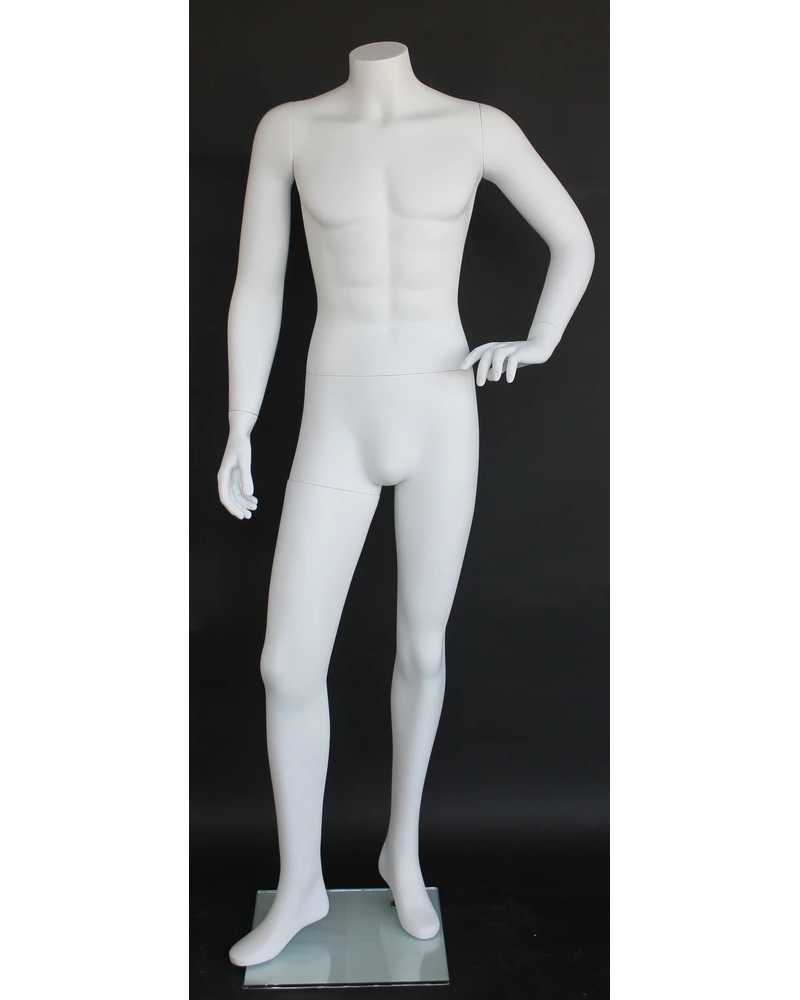 Left-hand-on-hip headless male mannequin in matte white, STM004-WT