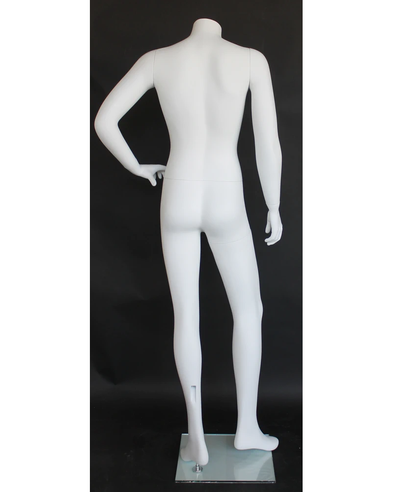 Left-hand-on-hip headless male mannequin in matte white, STM004-WT