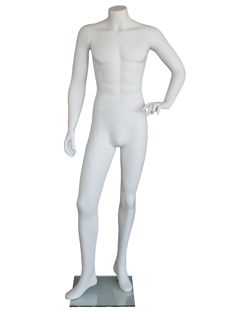 Left-hand-on-hip headless male mannequin in matte white, STM004-WT