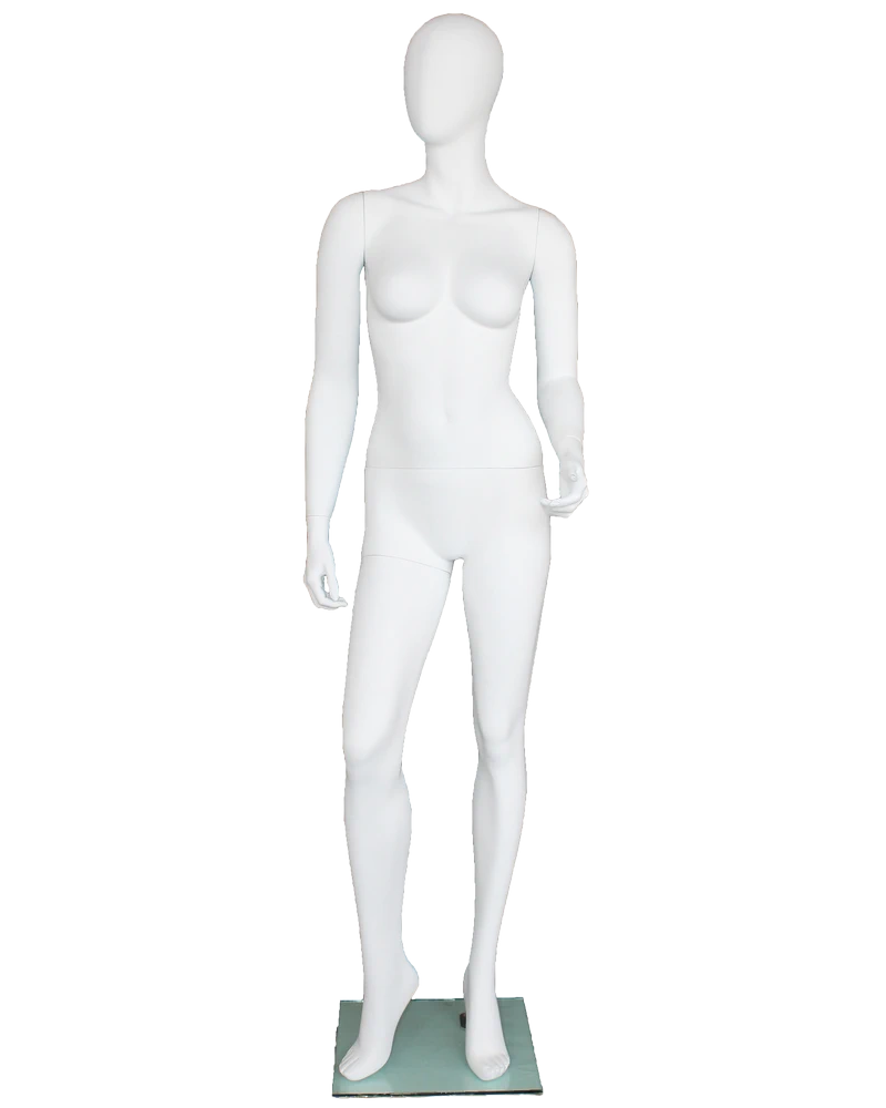 Twisted-torso egghead female mannequin in matte white, front view