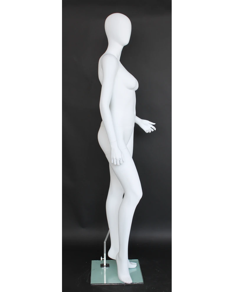 Twisted-torso egghead female mannequin in matte white