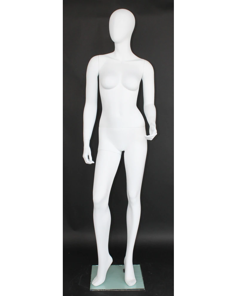 Twisted-torso egghead female mannequin in matte white