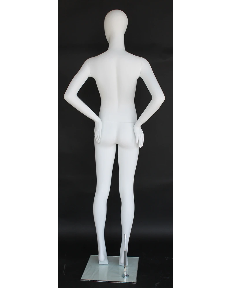 Hands-on-hips power-pose egghead female mannequin in matte white