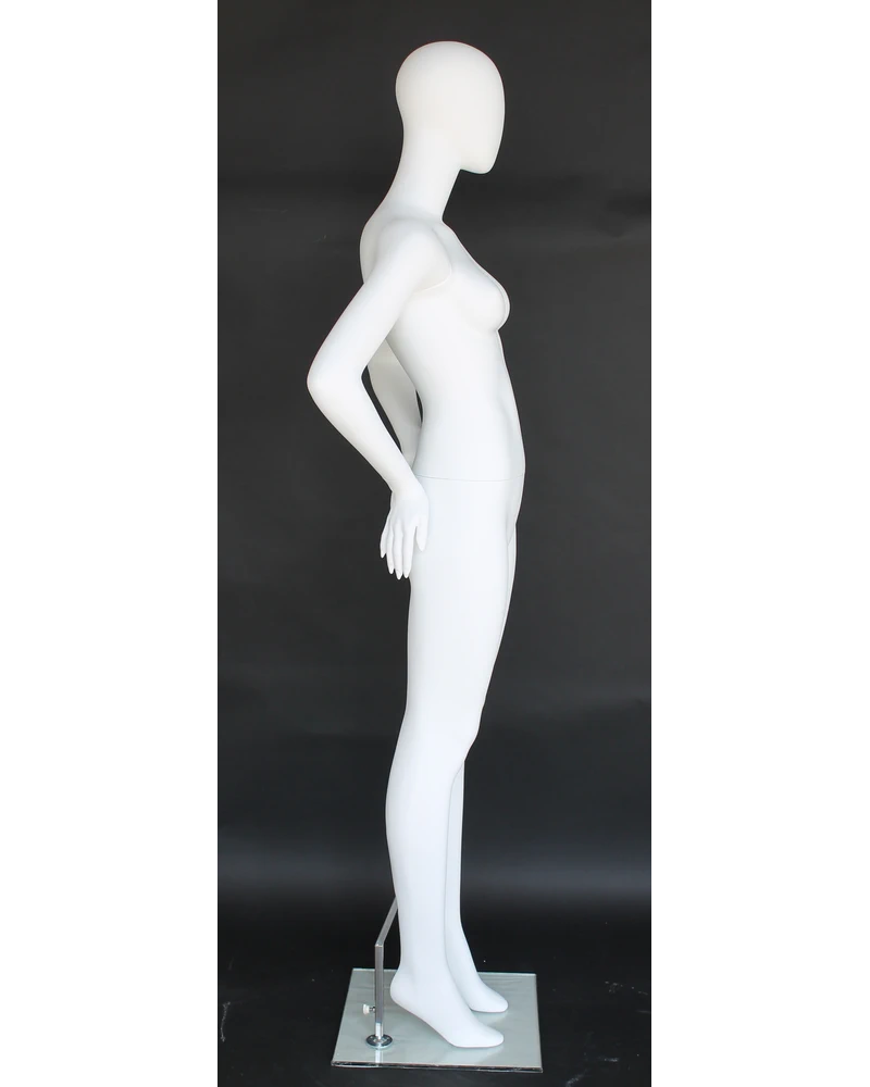 Hands-on-hips power-pose egghead female mannequin in matte white