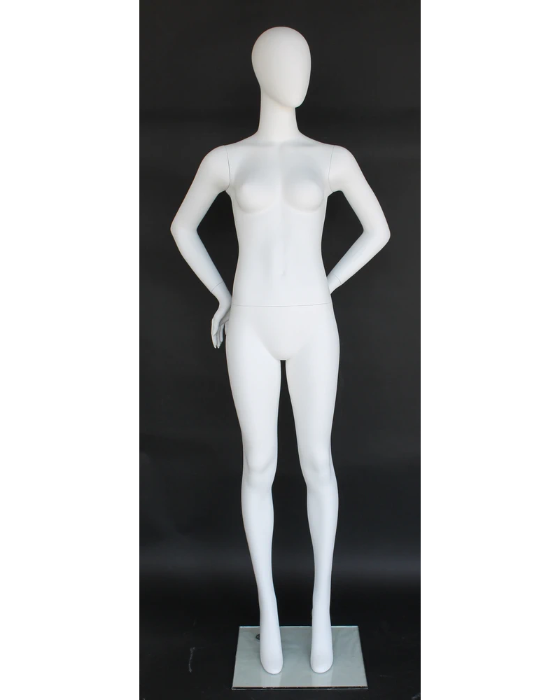 Hands-on-hips power-pose egghead female mannequin in matte white