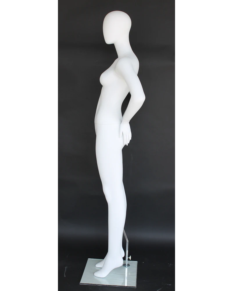 Hands-on-hips power-pose egghead female mannequin in matte white