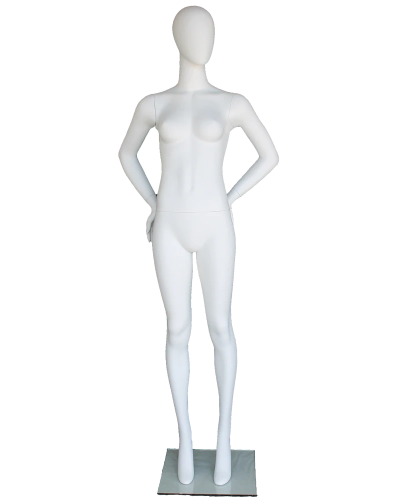 Hands-on-hips power-pose egghead female mannequin in matte white, front view