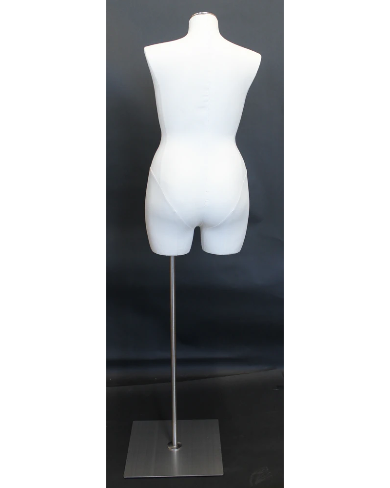 Plus size 16/18 female three-quarter body dress form with metal base in off-white linen
