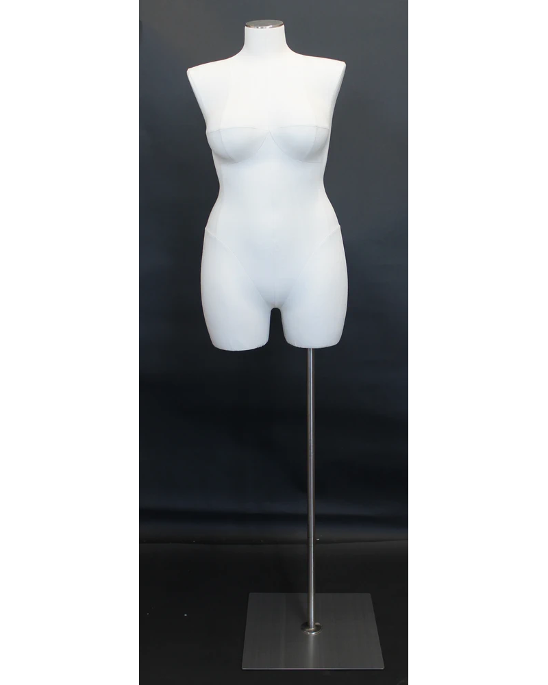 Plus size 16/18 female three-quarter body dress form with metal base in off-white linen