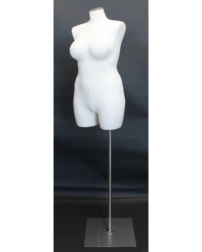 Plus size 16/18 female three-quarter body dress form with metal base in off-white linen