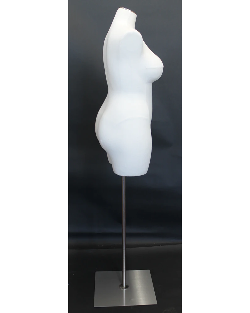 Plus size 16/18 female three-quarter body dress form with metal base in off-white linen