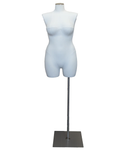 Plus size 16/18 female three-quarter body dress form with metal base in off-white linen