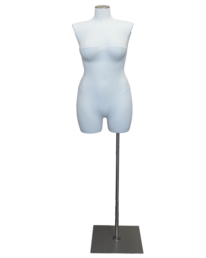 Plus size 16/18 female three-quarter body dress form with metal base in off-white linen