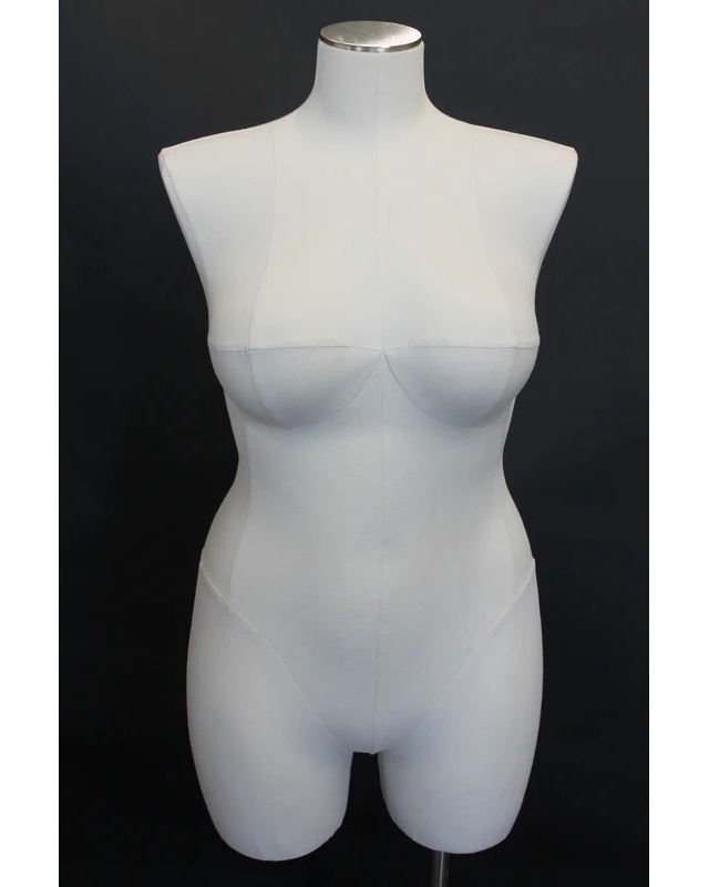 Plus size 16/18 female three-quarter body dress form with metal base in off-white linen