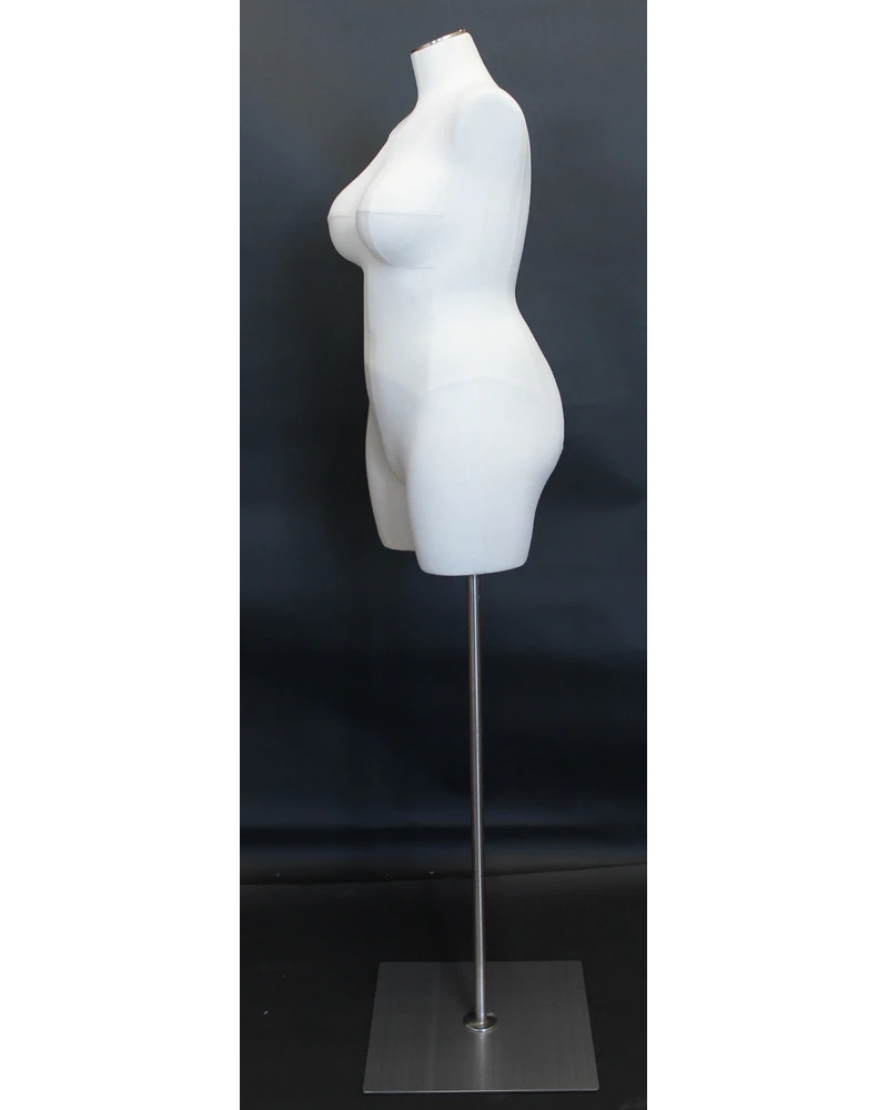 Plus size 16/18 female three-quarter body dress form with metal base in off-white linen