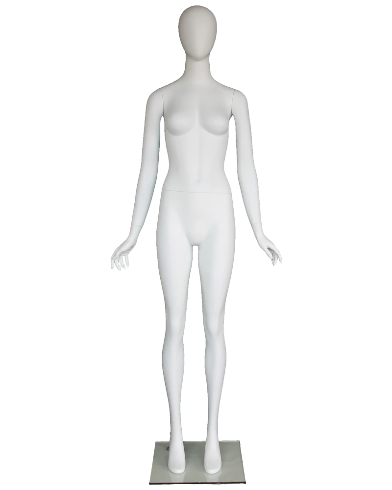 Versatile arms-at-sides egghead female mannequin in matte white, front view