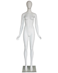 Versatile arms-at-sides egghead female mannequin in matte white, front view