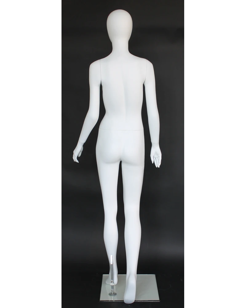 Right-leg-back egghead female mannequin in matte white