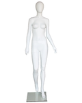 Right-leg-back egghead female mannequin in matte white, front view