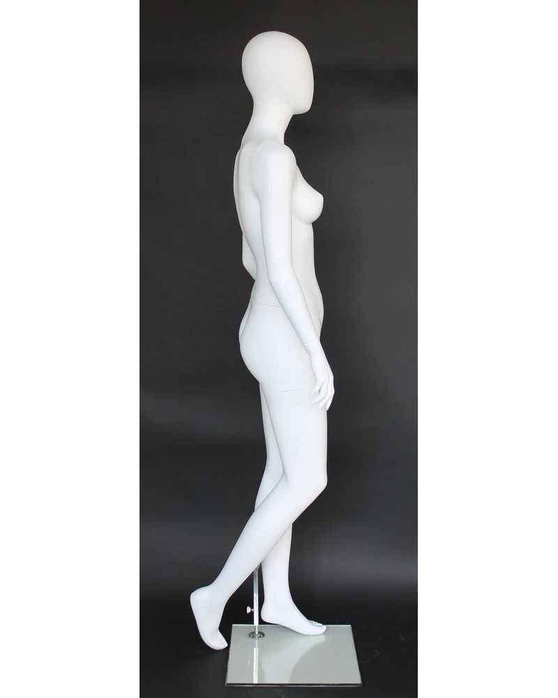 Right-leg-back egghead female mannequin in matte white