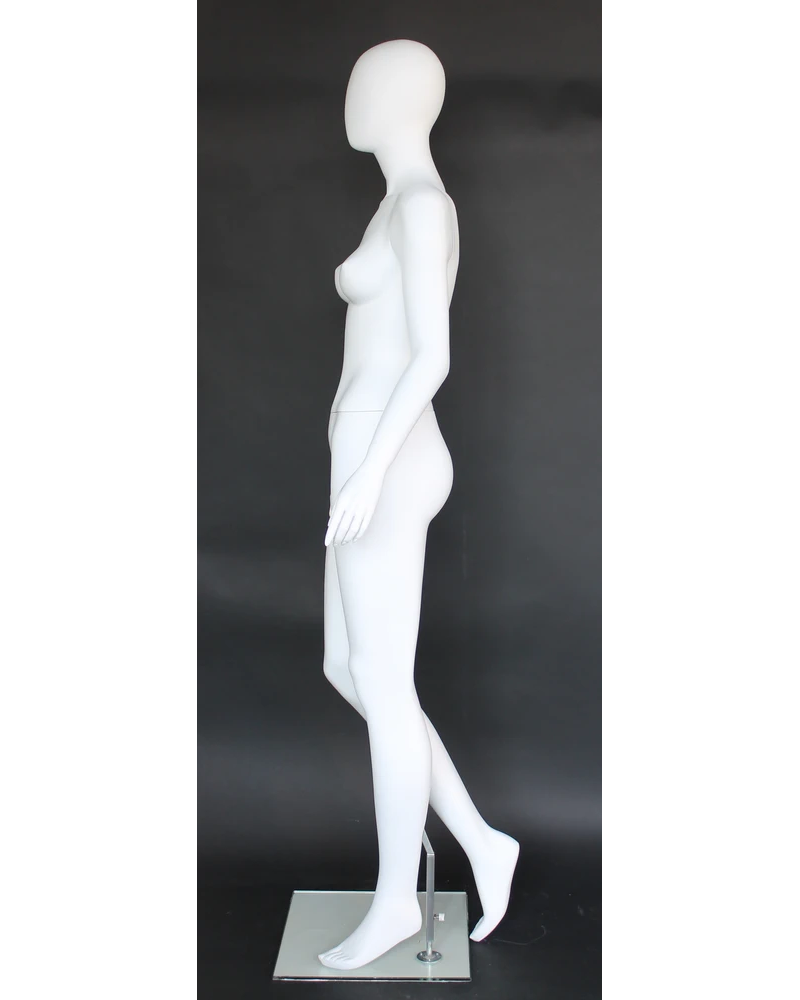 Right-leg-back egghead female mannequin in matte white