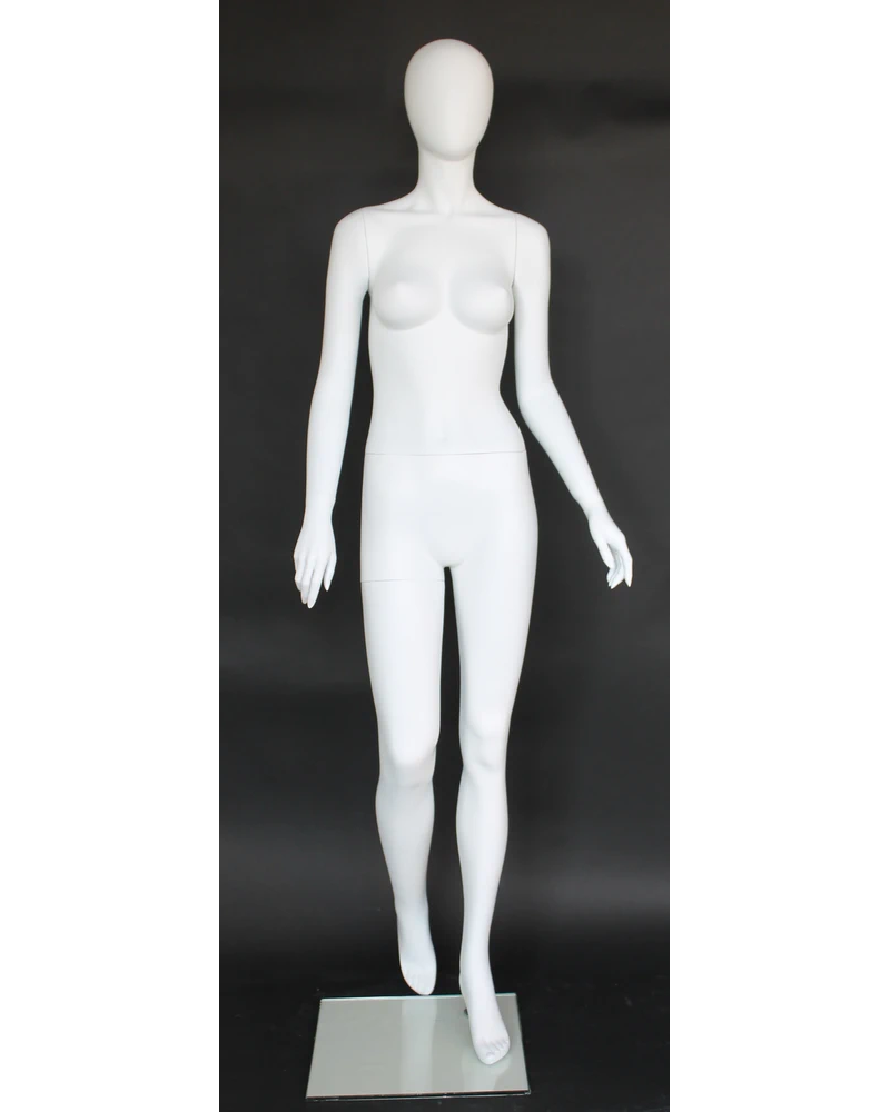 Right-leg-back egghead female mannequin in matte white