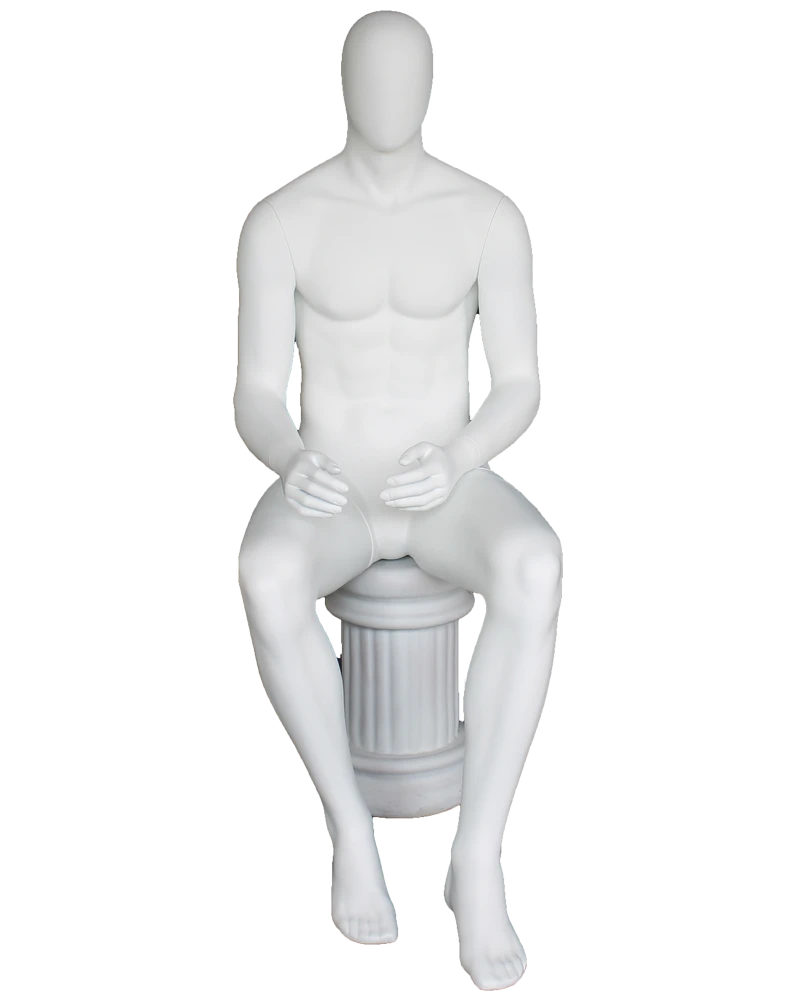 Upright sitting egghead male mannequin in matte white, SFM50E-WT