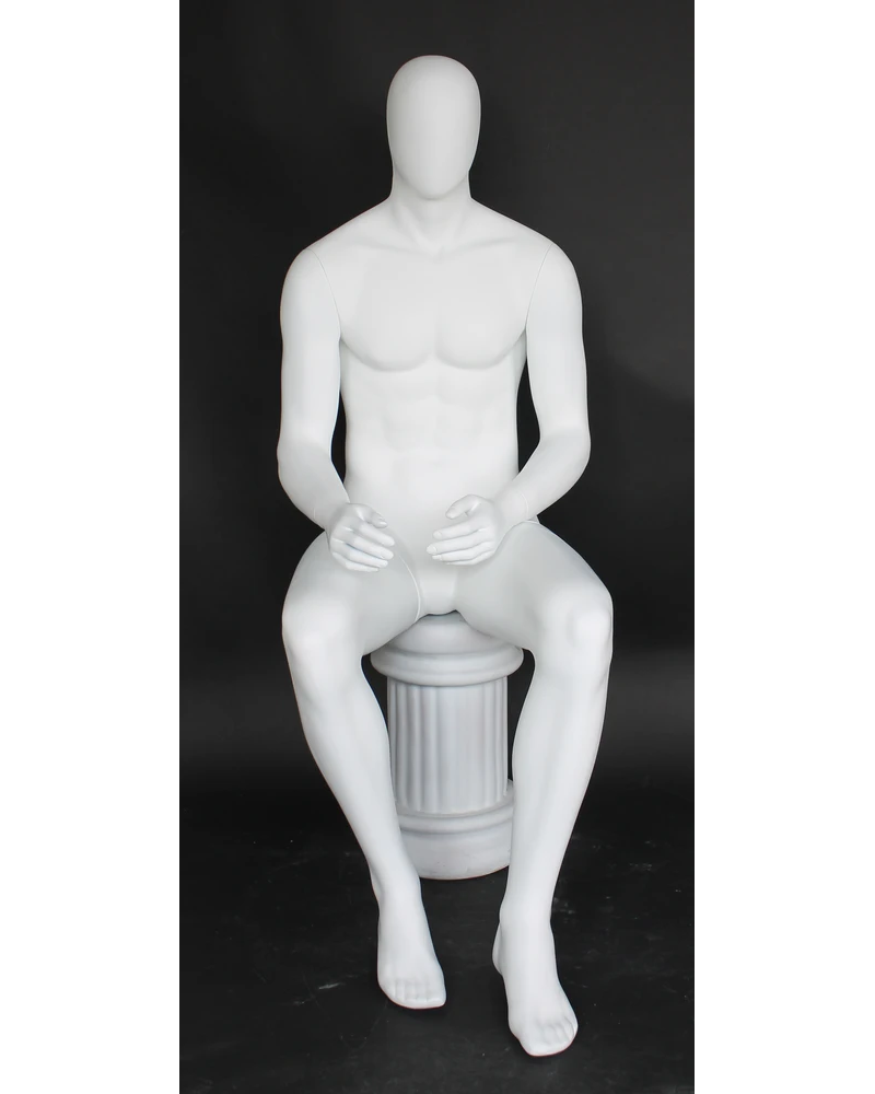 Upright sitting egghead male mannequin in matte white, SFM50E-WT