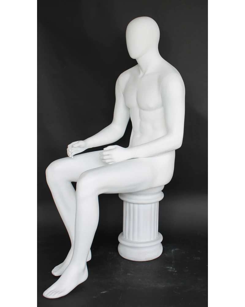 Upright sitting egghead male mannequin in matte white, SFM50E-WT