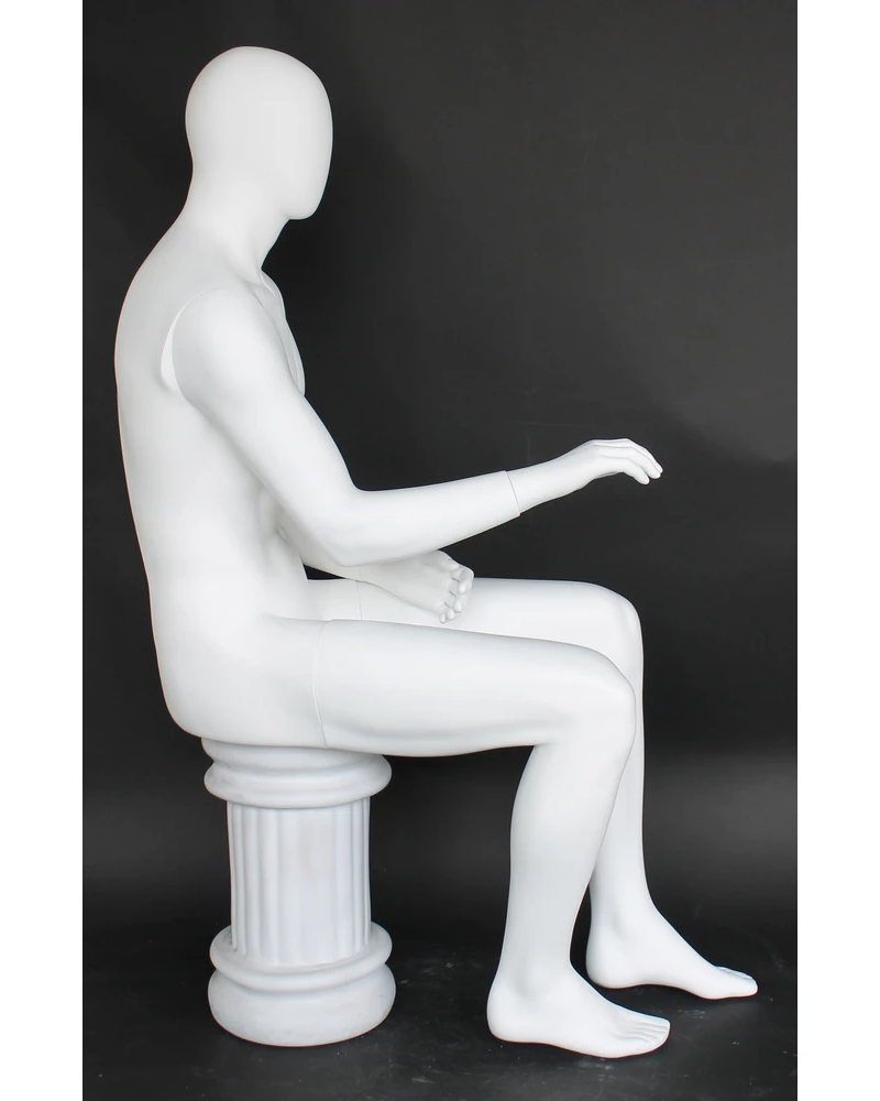 Upright sitting egghead male mannequin in matte white, SFM50E-WT