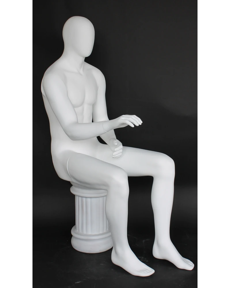 Upright sitting egghead male mannequin in matte white, SFM50E-WT