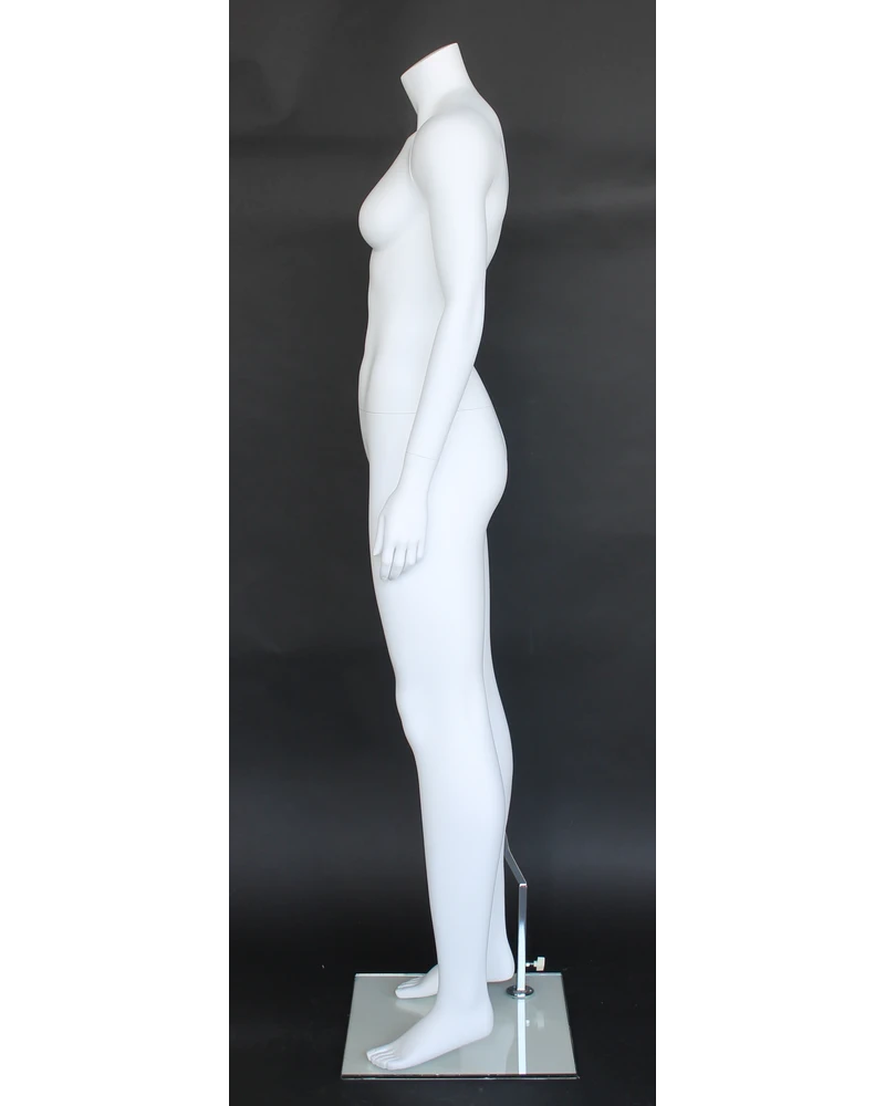 Athletic headless female mannequin with arms at sides in matte white